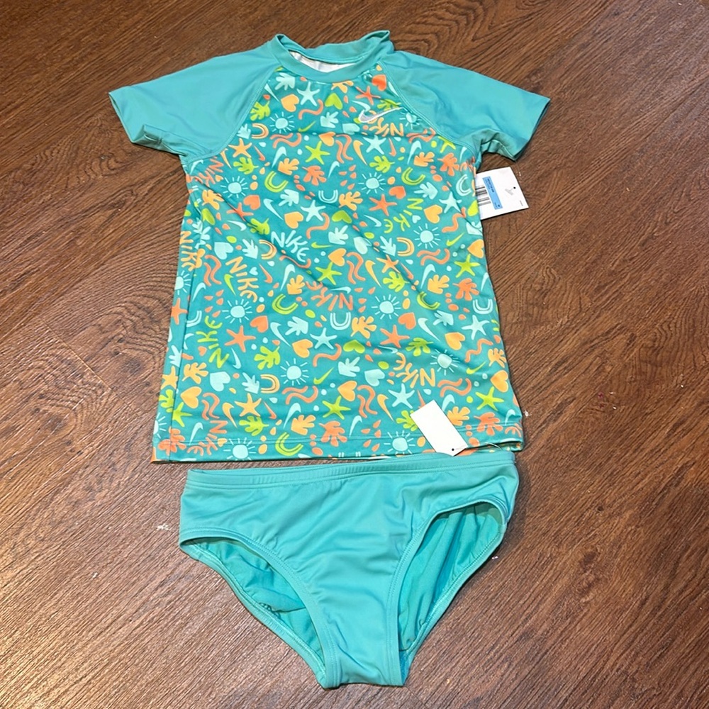 Youth Girls Nike swim 2 piece set bathing suit rash guard size M